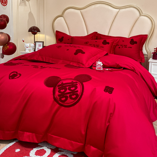 高档中式喜字，结婚四件套大红色床单被套纯棉婚庆，床上用品婚房陪嫁
