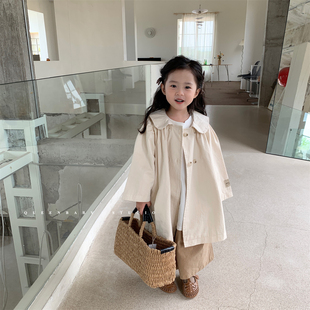 儿童外套韩版春秋女童娃娃领长款风衣宝宝洋气双排扣防风夹克