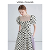 vegachang泡泡袖连衣裙女夏季方领法式小众设计感圆点印花长裙