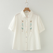 日系软妹森女风刺绣花朵，蕾丝花边娃娃，领设计感短袖纯棉白衬衫上衣