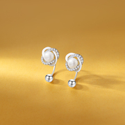 S999纯银耳钉女微镶珍珠耳环法式百搭耳饰小众设计气质养耳洞