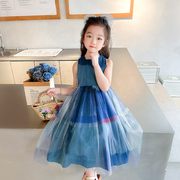 女童连衣裙儿童夏季2024韩版女宝宝洋气时髦孔雀蓝公主网纱裙