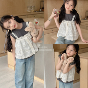 咸蛋小虾米韩国夏装女童蕾丝吊带+短袖T恤上衣=儿童纯棉两件套装