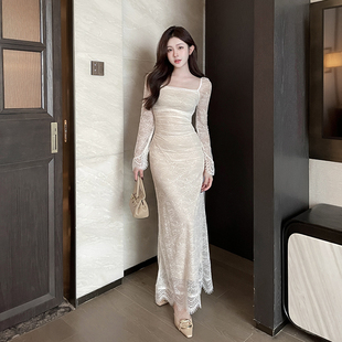 girlsat18白色晚礼服裙长裙，女法式高级感气质，性感蕾丝长袖连衣裙