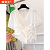 2024夏季韩版白色抽绳短袖上衣女，洋气短款小衫泡泡袖雪纺衫潮