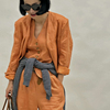 纯亚麻料橘色时髦帅气无领短款小外套西装外套，女马甲长裤两件套装