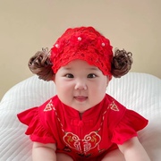 婴儿发带护囟门帽夏季蕾丝，女宝宝假发，发带头饰百天周岁发饰大红色