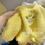 m韩版童装冬装男童女童黄色，羊羔毛卫衣(毛，卫衣)外套儿童加绒加厚保暖上衣