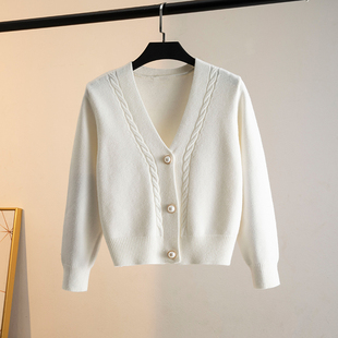 秋冬季加厚开衫短款针织棉外套，2024时尚白色，v领毛衣外搭品质上衣