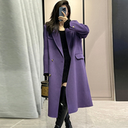 紫色羊毛双面呢子大衣女冬季宽松廓形中长款手工羊绒毛呢外套