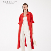maseley玛塞莉梭织衬衫式，连衣裙女两穿大红色长裙喜庆短袖中长款