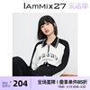 iammix27春夏长袖t恤女减龄撞色字母印绣花套头polo领运动上衣女