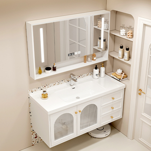 田园风实木智能浴室柜组合小户型卫生间洗脸洗手陶瓷一体盆洗漱台