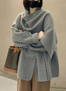 100%羊毛灰色双面绒羊绒，围巾斗篷大衣女短款双面，呢披肩气质外套