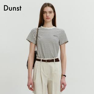 Dunst2024夏季基本款条纹LOGO装饰T恤衫女圆领短袖UDTS4B232
