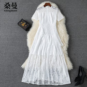 短袖蕾丝连衣裙收腰夏天裙子，韩版显瘦优雅气质荷叶边白色仙女长裙