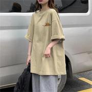 100纯棉卡其色美式短袖T恤女2023夏季宽松小众设计感半袖上衣