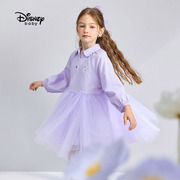 迪士尼女童可爱娃娃领长袖连衣裙春儿童POLO领针织网纱公主裙洋气