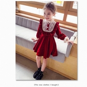 女童连衣裙秋冬装2022儿童，韩版金丝绒公主，裙红色蕾丝洋气裙子