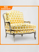 美式实木沙发家用棉麻布艺印花老虎椅客厅银色做旧休闲单人椅