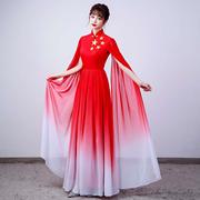 红色大合唱团演出服装女歌手高端长裙钢琴成人独唱晚礼服大气