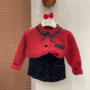 女童拜年服高端亲子装冬儿童红色蝴蝶结针织小香风开衫毛衣半身裙