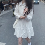 白色连衣裙女春秋韩版温柔小个子娃娃，裙设计感拼接长袖a字衬衫裙