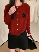 卡通可爱小熊圆领单排扣羊绒针织开衫女韩系减龄红色毛衣小外套潮