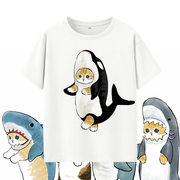 可爱猫咪图案短袖t恤男女亲子，童装卡通宽松夏季衣服体恤衫鲨鱼宝