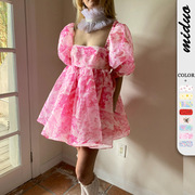 数码印花夏季时尚欧美女装方领灯笼中袖法式甜美气质连衣裙高级感