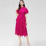 香港夏季玫红色荷叶边收腰，长裙奢华大牌，礼服蕾丝雪纺连衣裙女