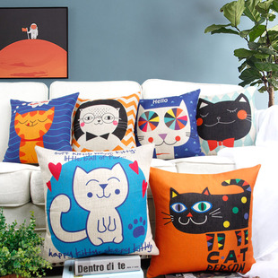 韩式可爱卡通猫咪棉麻，抱枕靠枕套北欧沙发，腰枕汽车办公室飘窗靠垫