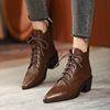 法式复古系带马丁靴女真皮，棕色尖头英伦风，短靴中跟高跟短筒及裸靴