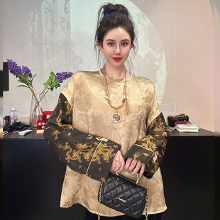 春季复古中式圆领长袖，衬衫女士中国风花色，民族风印花上衣a070