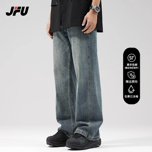 jfu牛仔裤男生设计感美式春夏，薄款复古直筒宽松阔腿裤高街裤子潮