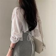 韩国chic夏季长袖雪纺防晒衫设计感小心机后背绑带露背短款衬衫女