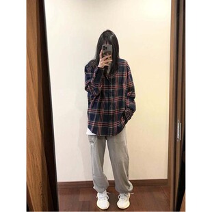 美式小众复古格子衬衫女潮牌，ins宽松春秋季港味衬衣学生上衣外套