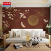 新中式古风壁纸玉兰花客厅沙发，背景墙纸古典仙鹤u壁画，茶室红色墙