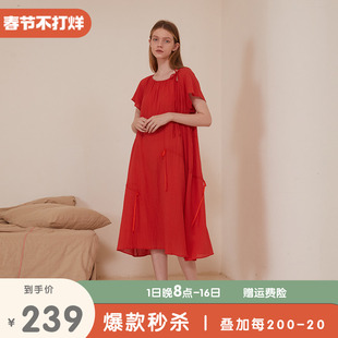 朵朵可可睡衣2024高级感可外穿红色睡裙夏季睡裙纯棉短袖长裙