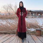 春节年货民族风过膝长款加绒加厚红色大衣气质国风刺绣外套礼服女