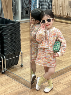韩国童装女童秋装甜美小香风套装糖果色珍珠呢开衫+短裙两件套