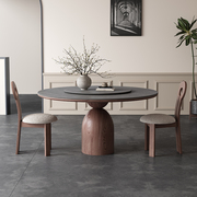 复古风岩板圆形餐桌椅，组合简约现代实木，饭桌子家用胡桃木色小户型
