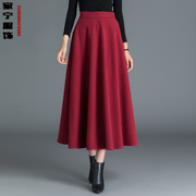 2021冬季酒红色毛呢半身裙，中长款伞裙高腰，遮跨a字加厚长裙女