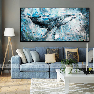 大幅横版鲸鱼数字油画客厅卧室海洋动物风景油彩装饰画蓝鲸