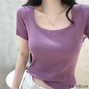 针织方领短袖T恤女春夏装紫色修身小众短款长袖简约气质上衣