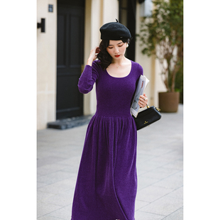 显瘦不挑人~冬装紫色，羊毛针织中长款打底毛衣连衣裙