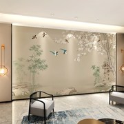 2022年中式电视背景墙，壁纸手绘花鸟刺绣沙发影视，墙布无缝壁画