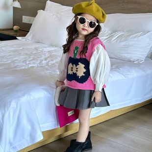 2023秋季韩版女童针织衫马甲丑苹果粉色洋气百搭卡通上衣外套