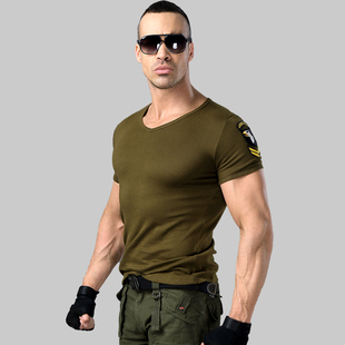 同盟军户外军迷短袖t恤男装，军绿色弹力v领紧身t恤型男健身时尚t恤