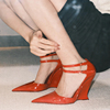 包头凉鞋红色尖头坡跟高跟鞋，女2024春豹纹，时装性感玛丽珍单鞋